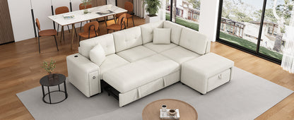 86.6" Sectional Sofa L-shaped Sofa Couch Pull-out Sofa Bed with a Movable Ottoman, Two USB Ports  and Two Cup Holders for Living Room, Beige