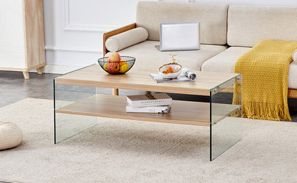 Double layered rectangular coffee table.The board is made of MDF with wooden stickers, with transparent tempered glass on both side.Suitable for various occasions such as living rooms and bedrooms.