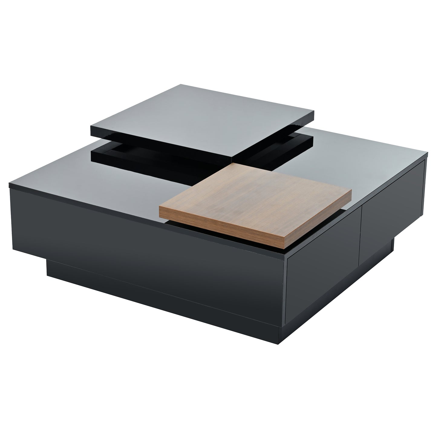 U-Can Movable Top Coffee Table, Modern Square Wood Coffee Table with High Gloss finish, 4 Hidden Storage Drawers for Living Room