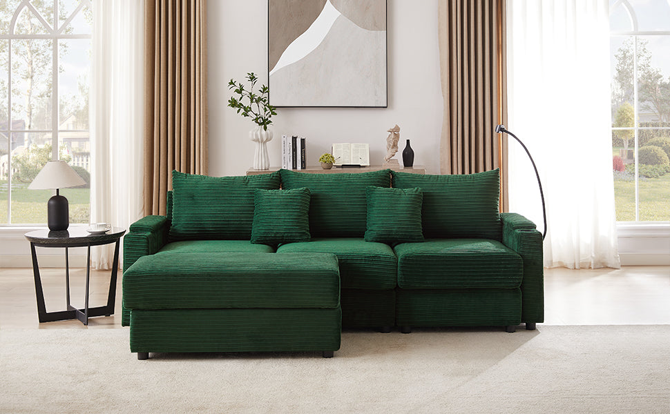 95.3" Modern Style 3-Seater Sofa Sectional Sofa Couch with Storage Space, A Movable Ottoman, Two USB Ports, Two Cup Holders, A Phone Holder for Living Room, Green