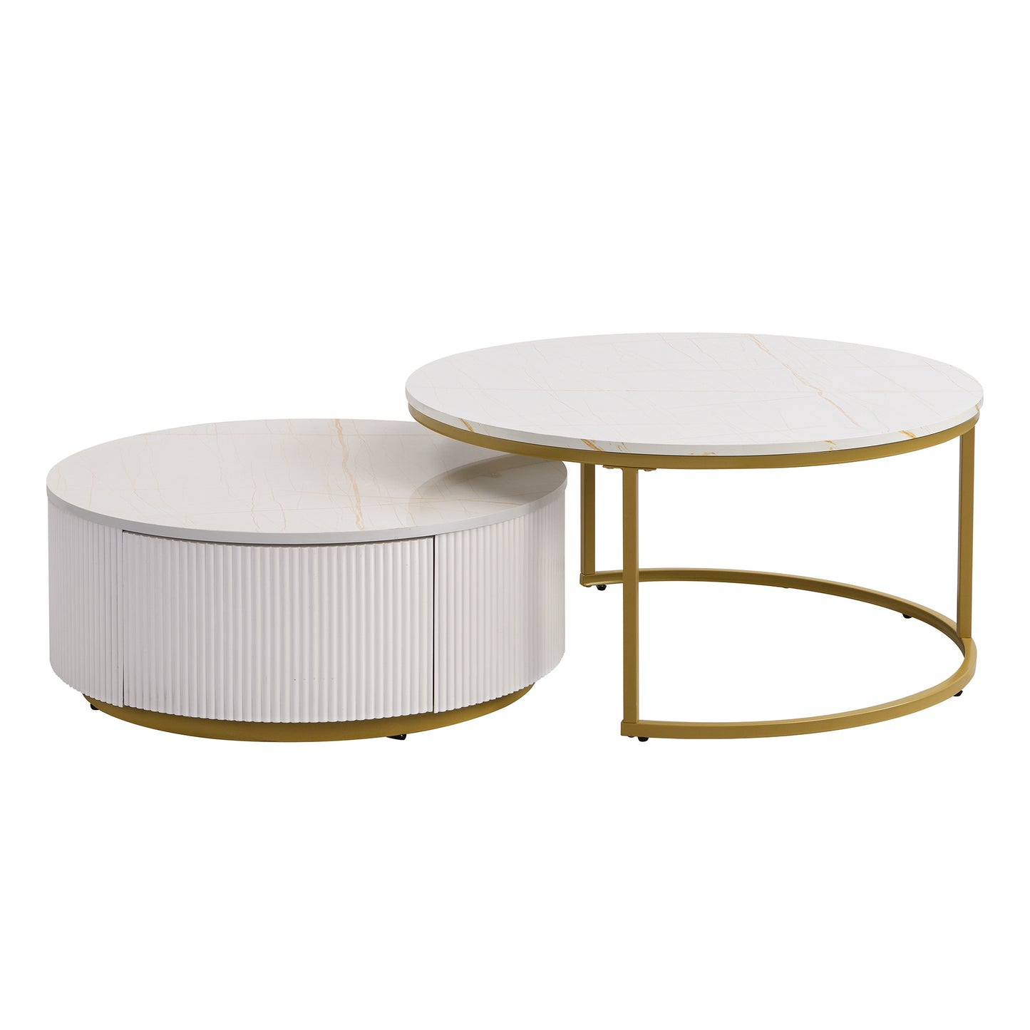 Modern Round Nesting Coffee Table Fluted with Drawer in White & Gold in 31.5''