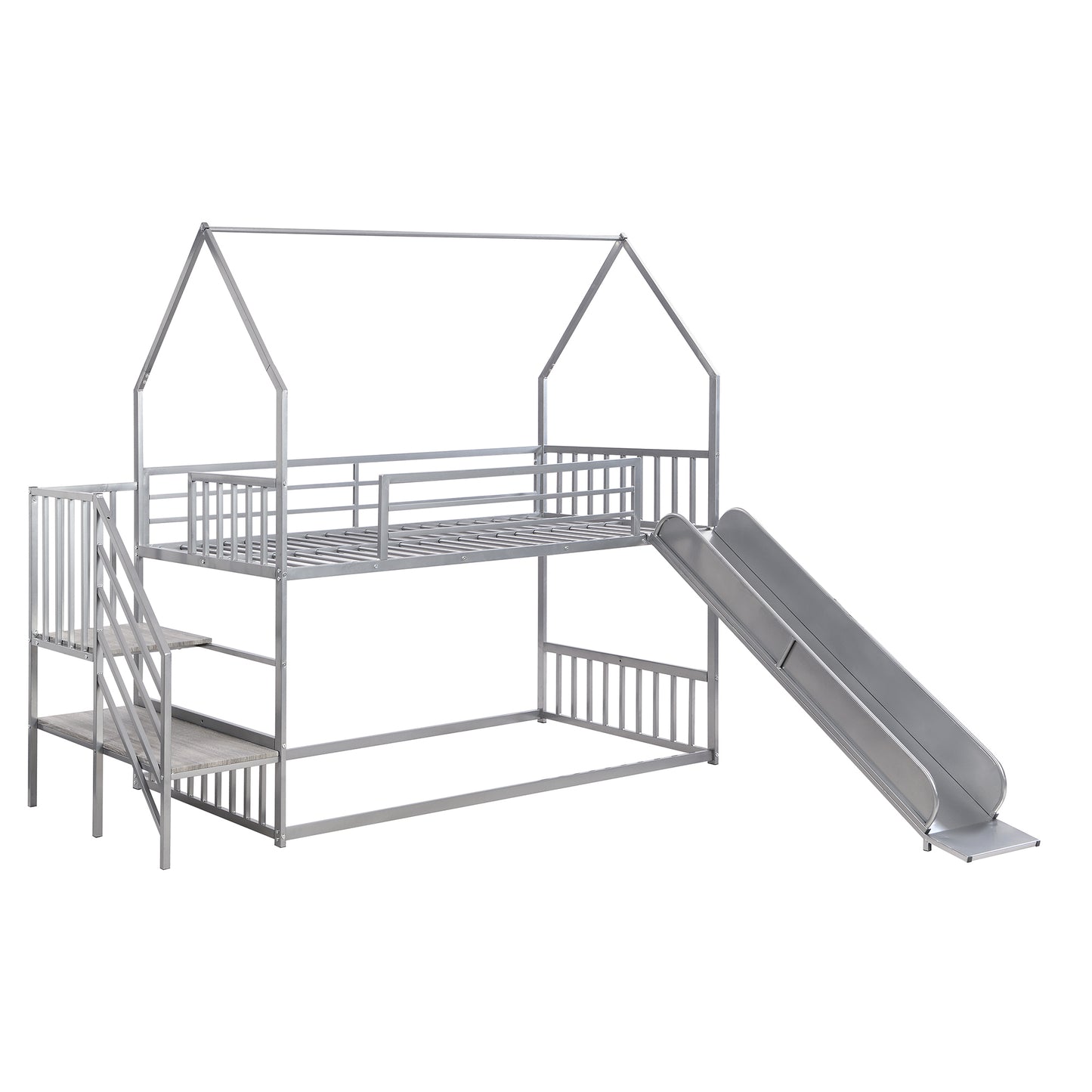 Twin over Twin Metal Bunk Bed House Bed with Slide and Staircase, Silver