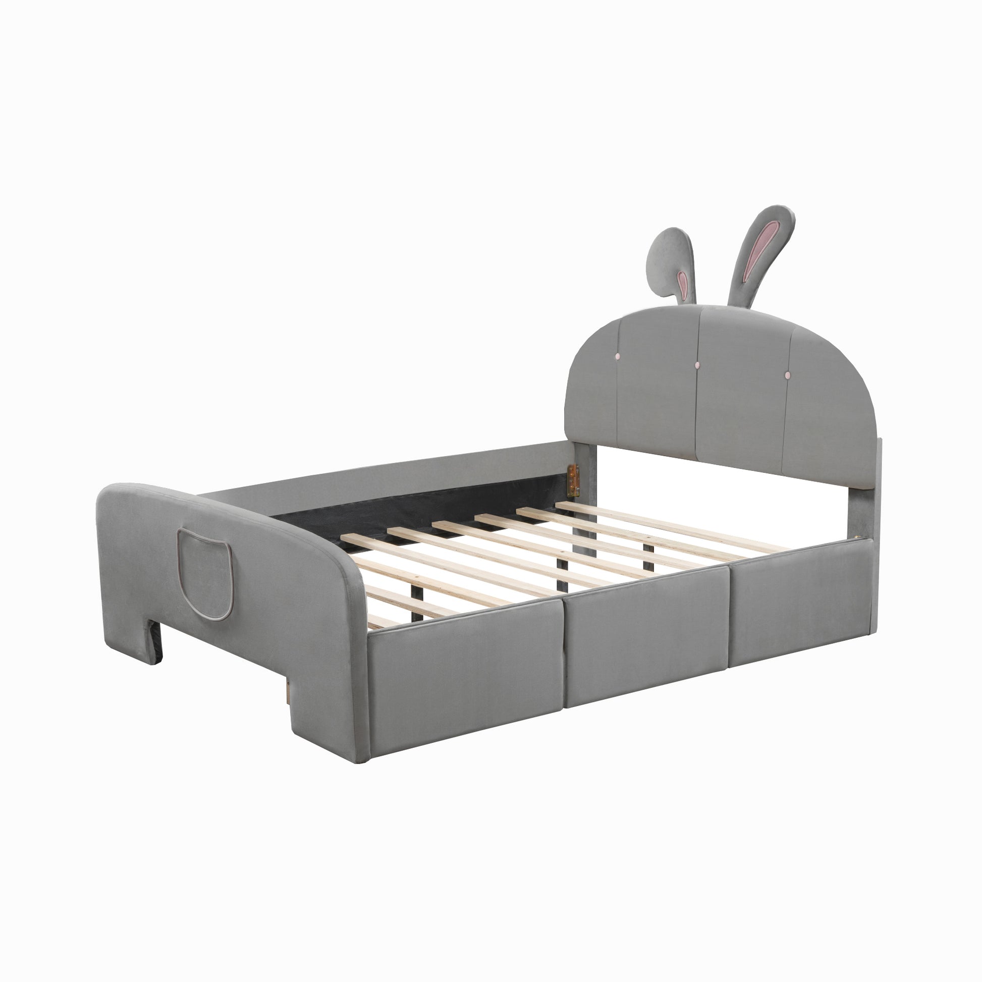 Full Size Velvet Platform Bed with Rabbit-Shaped Headboard, with Drawers, with Bed-End Storage Pocket, Gray