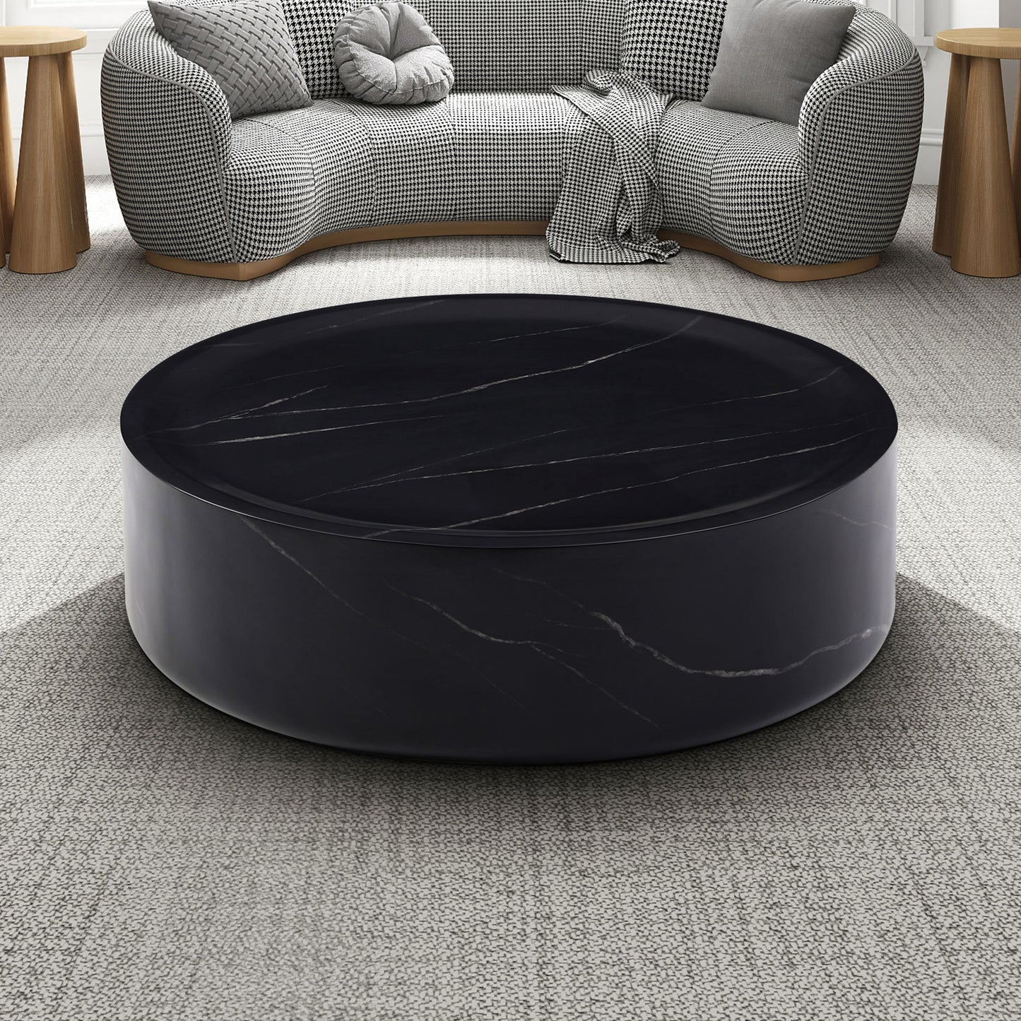 39.37'' Black Marble Round Coffee Table Sturdy Fiberglass table for Living Room ,No Need Assembly.