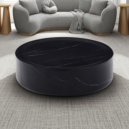 39.37'' Black Marble Round Coffee Table Sturdy Fiberglass table for Living Room ,No Need Assembly.