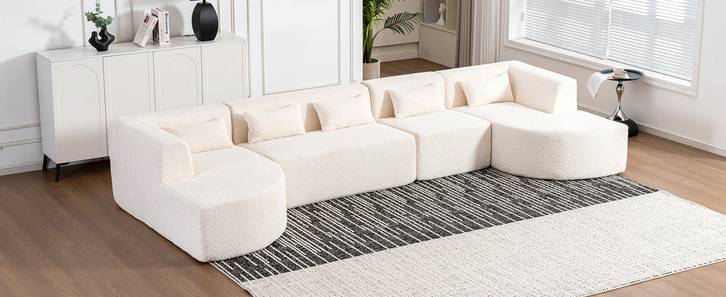 143.7" Upholstered Sofa Free-combined Sofa Couch with Two Chaise Lounge and Five Back Pillows for Living Room, Beige