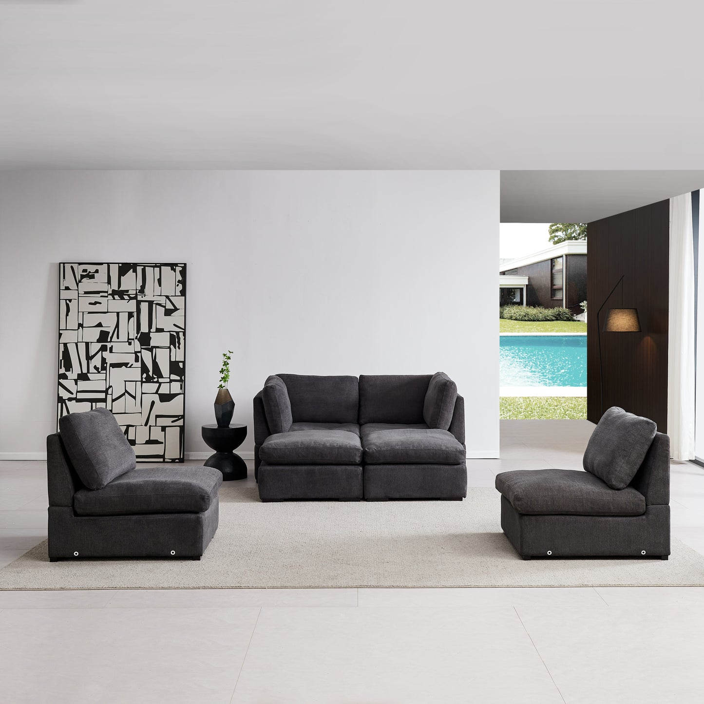 Modular Sofa with Ottoman,Filled with Down ,Soft Linen Fabric,Dark Grey