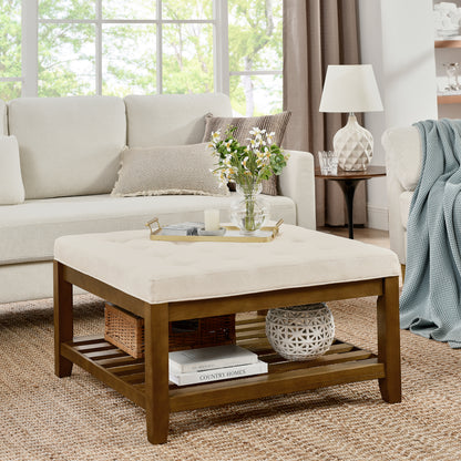 Upholstered Coffee Table Tufted Linen Large Square Ottoman with Beech Wood Shelf and Frame, Oversized Footrest Ottoman for Living Room,Office,Bedroom,Outdoor  IVORY