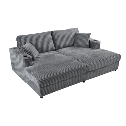 86.5" Oversized Loveseat Chaise Lounge Sectional Sofa Bed Corduroy Sleeper Sofa with Two USB Ports , Two Cup Holders and Two Throw Pillows for Living Room and Bedroom, Dark Gray