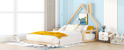 Full Size Wood Floor Bed with House-shaped Headboard, Natural