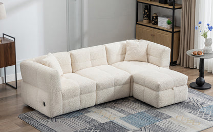 87.7" Sectional Sofa Cozy Teddy Fleece Fabric Sectional Sofa Couch with Two USB Ports a Movable Storage Ottoman and Two Lumbar Pillows for Living Room, Creamy White