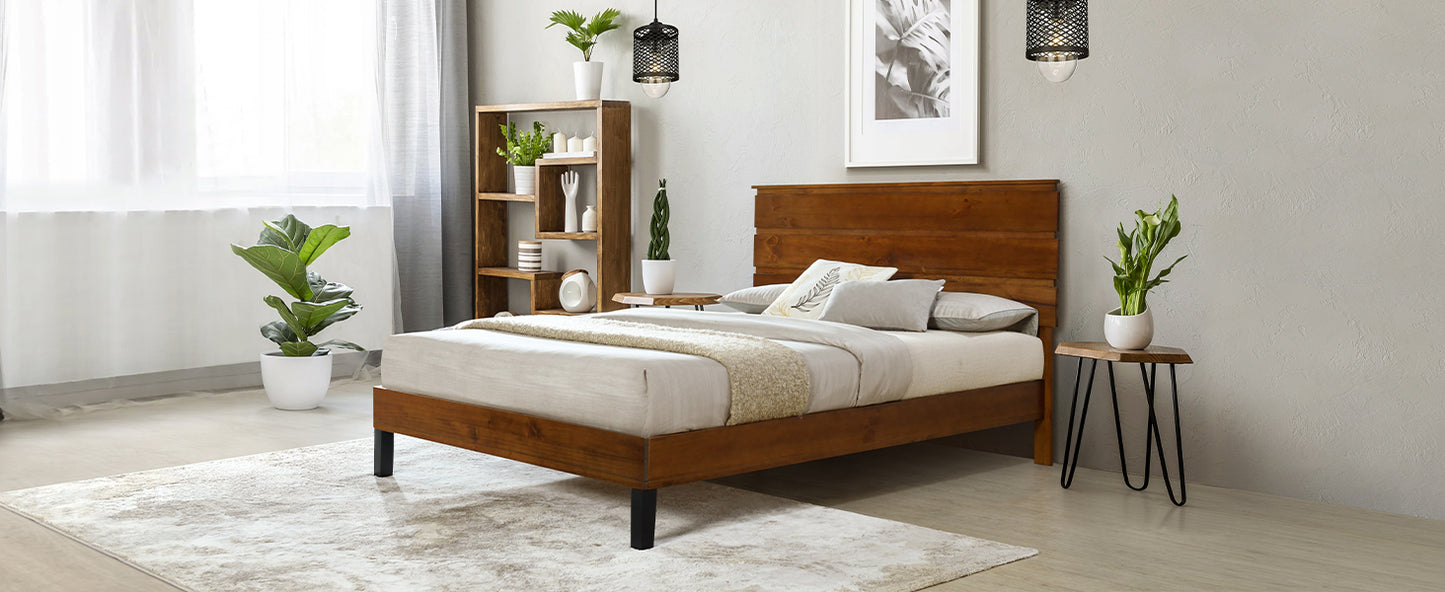 Mid-Century Modern Solid Wood Bed Frame Queen Size Platform Bed with Three-Piece Headboard Design, No Box Spring Needed, Brown