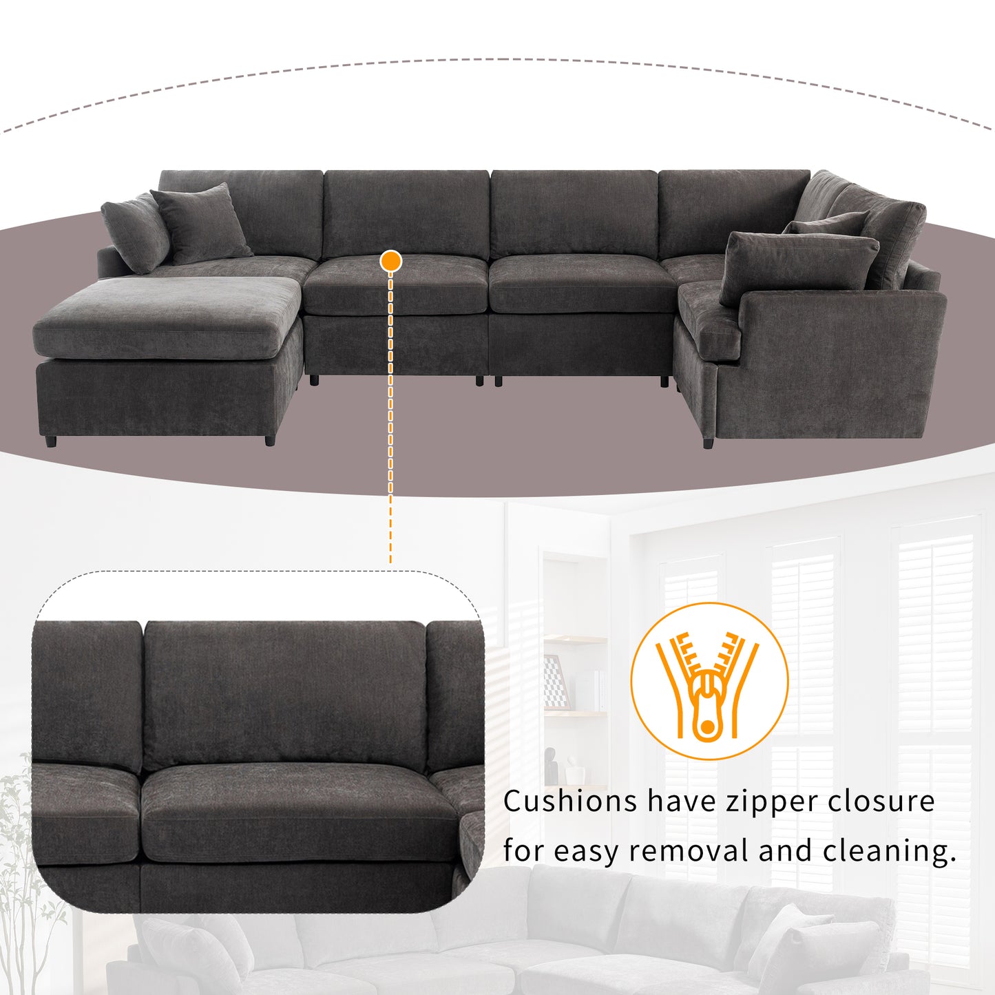 [ Video Provided]U_STYLE Upholstered Sectional Sofa with Removable Ottoman,U-Shape 6 Seat Sectional Couch,  for Living Room,,Apartment, Spacious Space