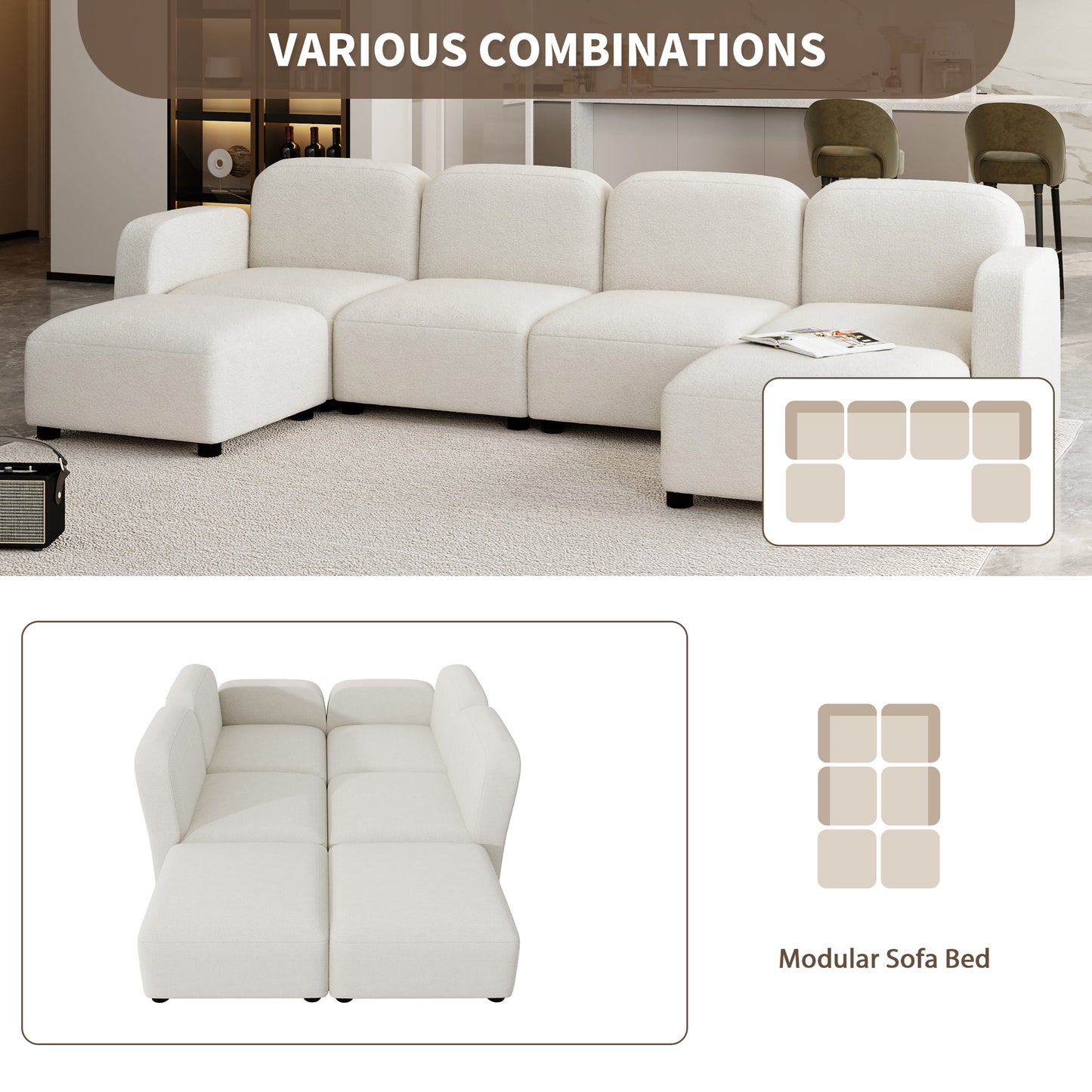 [New]116*58" Velvet Modular Sectional Sofa,U Shaped Reversible Couch Set,Free Combination,6 Seat Sleeper Cloud Sofa Bed with Ottoman,Convertible Oversized Indoor Furniture Pieces for Living Room,Beige