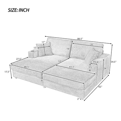 86.5" Oversized Loveseat Chaise Lounge Sectional Sofa Bed Corduroy Sleeper Sofa with Two USB Ports , Two Cup Holders and Two Throw Pillows for Living Room and Bedroom, Dark Gray