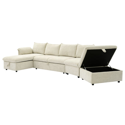 146.9" L-shaped Sofa Sectional Sofa Couch Pull-out Sofa Bed with a Movable Storage Ottoman, a Storage Chaise Lounge and Two USB Ports for Living Room, Beige