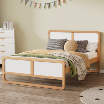 Modern Style Queen Size Solid Wood Platform Bed for  Kids, Teens, Adults, No Need Box Spring, Walnut and White