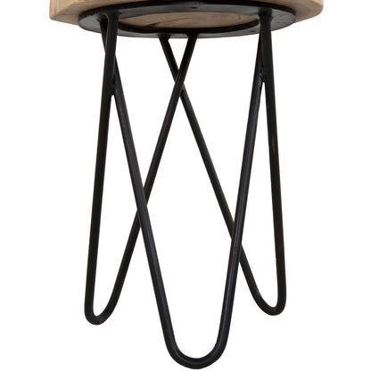 12" Acacia Wood End/Side Table, Living Room Accent Stool, Iron Hairpin Legs, Home Décor, Brown/Black