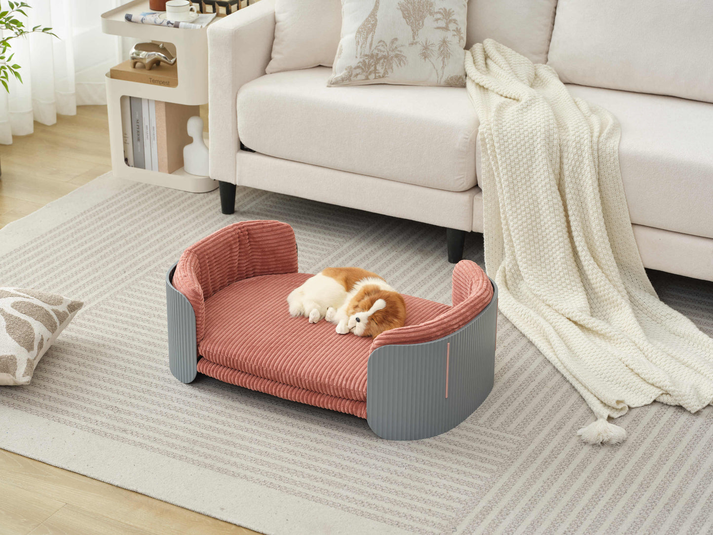 Scandinavian style Cat Couch Bed, Pet Sofa for Indoor Cats PP Indoor Pet Furniture Elevated Cat Beds with Removable Mattress Cover Suitable for Kitty, Puppy or Small Animal  Brand Design  Grey+Pin