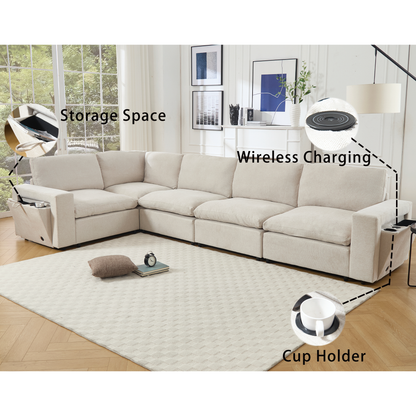 [NEW ARRIVED] [VIDEO PROVIDED]Sectional Couches For Living Room,Modular Couch,Wireless Charging Port & Cup Holders,5-seat ,DIY Combination,L-shaped Sofa,Book Storage Space,Soft Linen Fabric,Beige