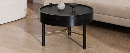 Modern Round Wood Rotating Tray Coffee Table with Storage & Metal Legs in Black