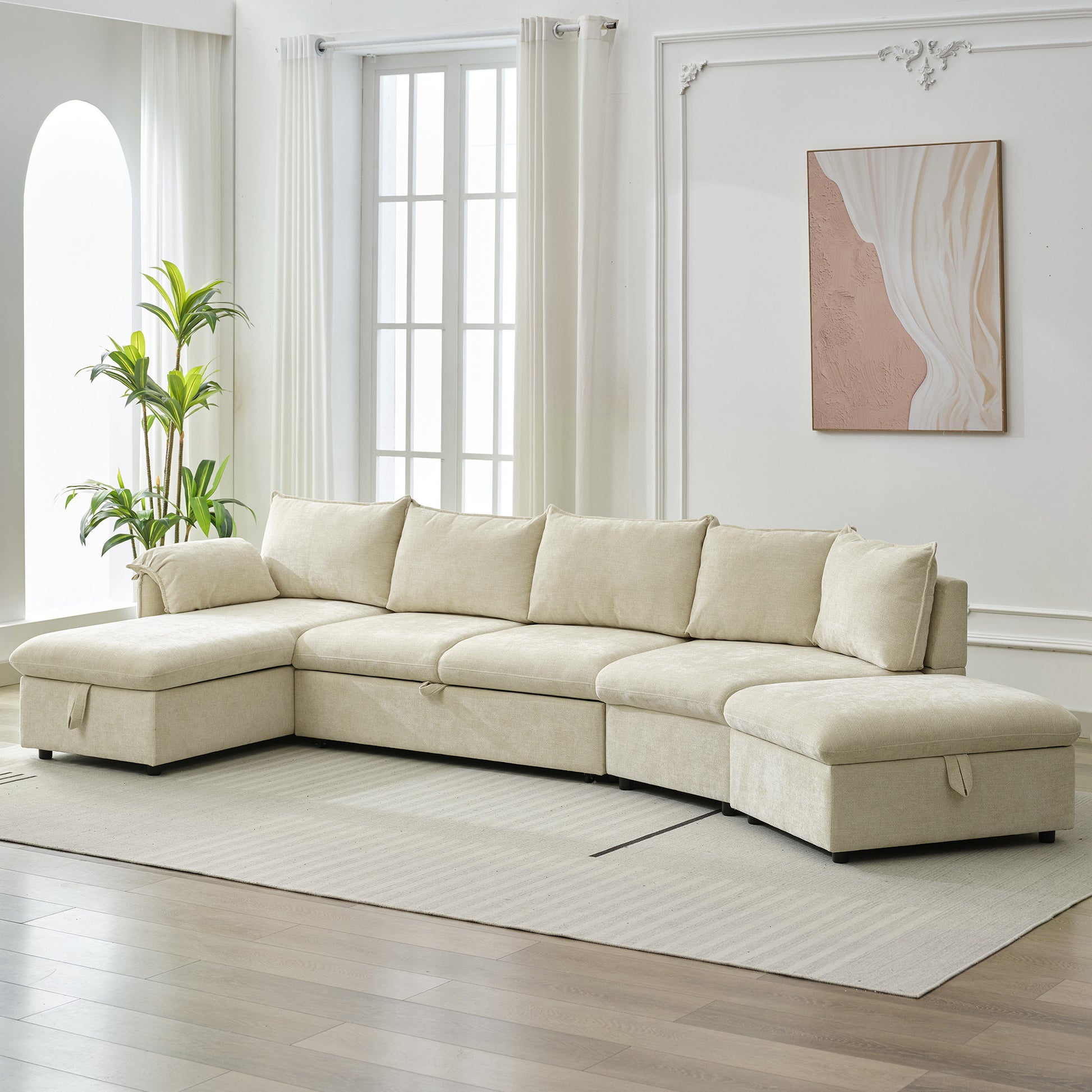 146.9" L-shaped Sofa Sectional Sofa Couch Pull-out Sofa Bed with a Movable Storage Ottoman, a Storage Chaise Lounge and Two USB Ports for Living Room, Beige