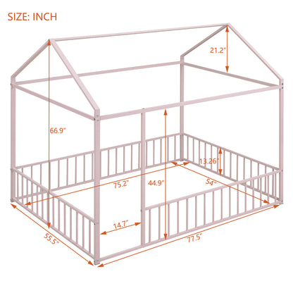 Full Size Metal Bed House Bed Frame with Fence, for Kids, Teens, Girls, Boys,Pink