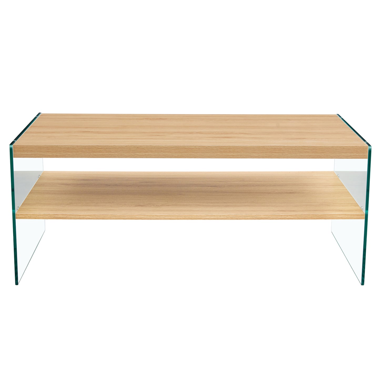 Double layered rectangular coffee table.The board is made of MDF with wooden stickers, with transparent tempered glass on both side.Suitable for various occasions such as living rooms and bedrooms.