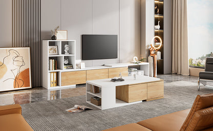 ON-TREND Extendable TV Stand and Coffee Table Set with 3 Tier Bookshelves for Living Room