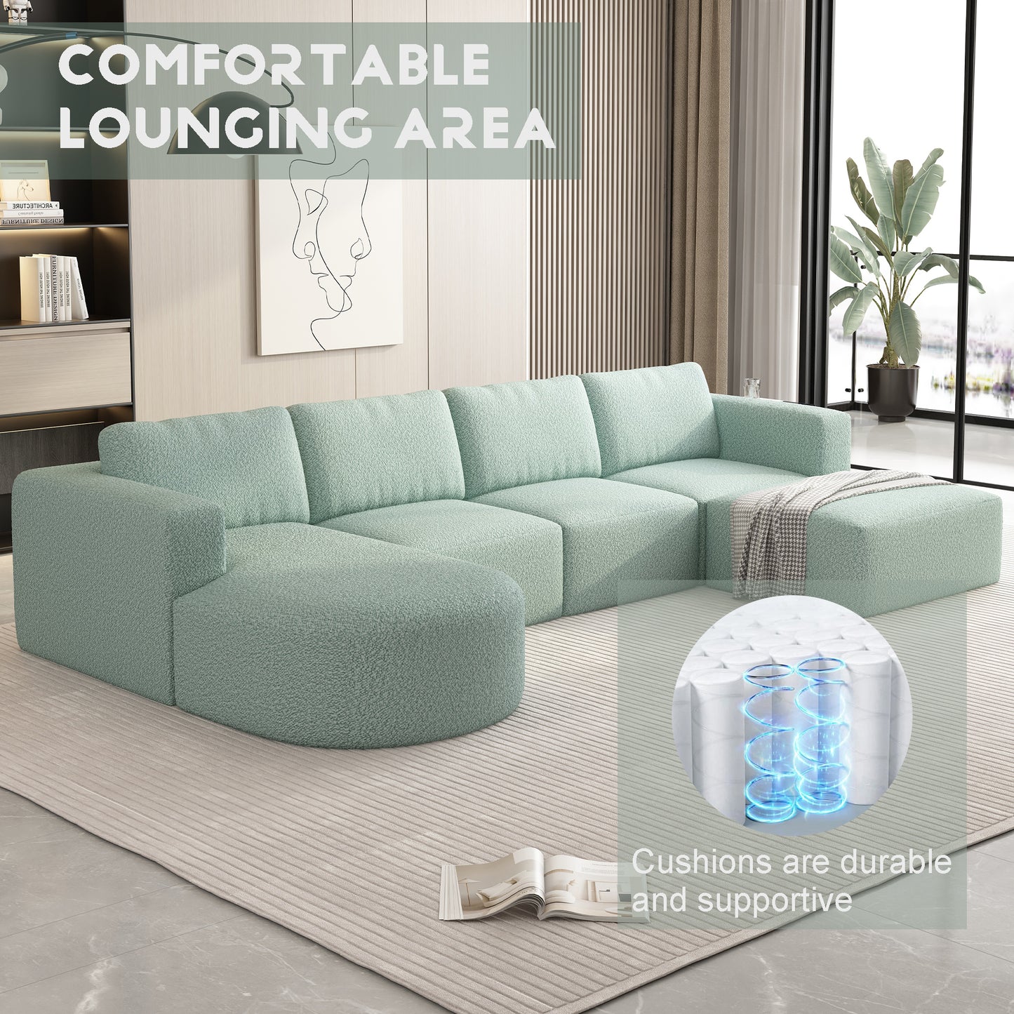 104.32*66.92 Modular Sectional Sofa Sleeper Couch, Sectional Sofa with Chaise and Ottoman, Convertible U Shaped Modular Sofa Set. Compressed spon, Light Green (Combo A+2B+2D)