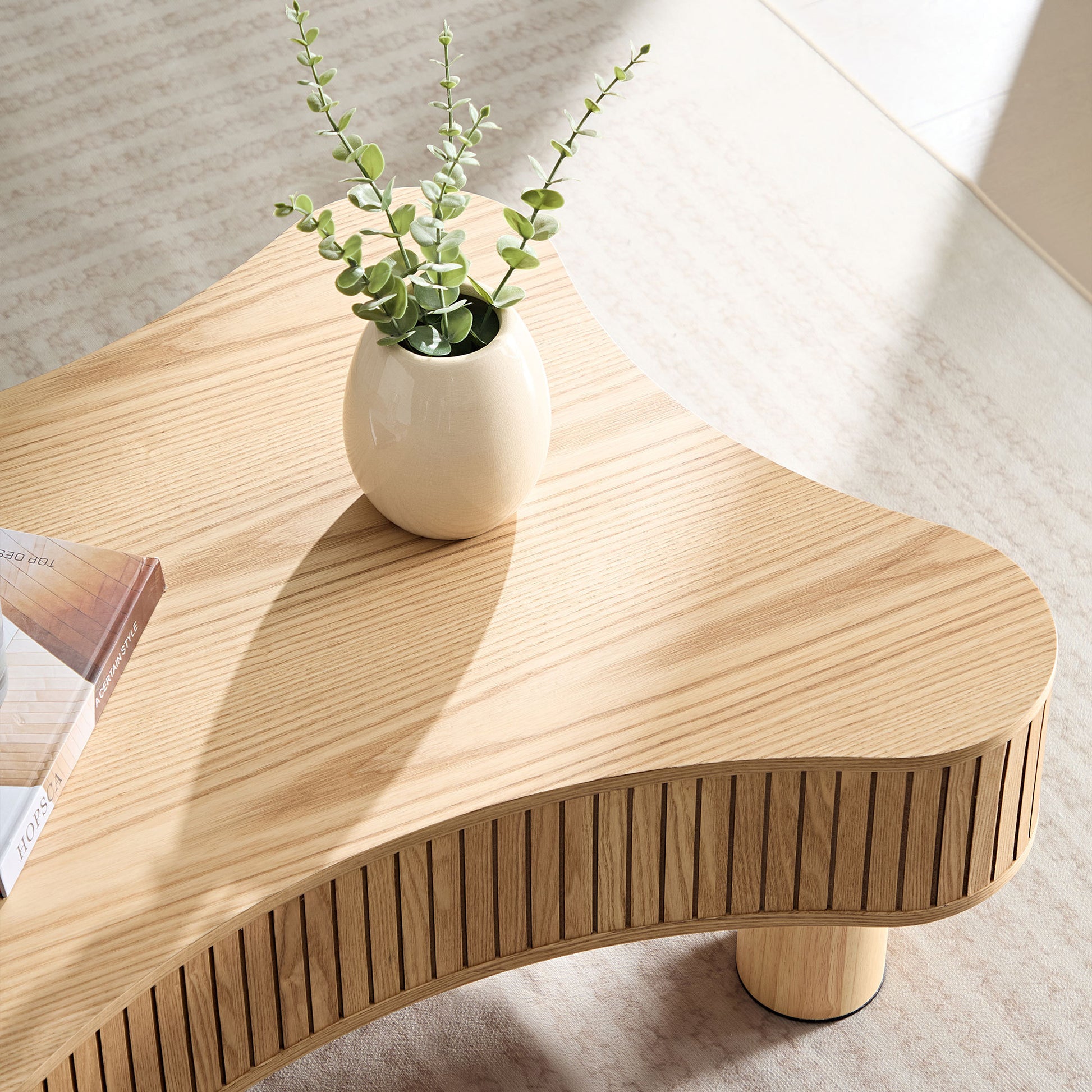 42.52 Inch Modern Wooden Handcraft Drum Coffee Table Irregular Shaped Coffee Table for Living Room,Small Coffee Table with Sturdy Pedestal,Natural Color