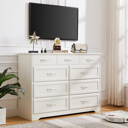 Bedroom dresser, 9 drawer long dresser with antique handles, wood chest of drawers for kids room, living room, entry and hallway, White, 47.56''W x 15.75''D x 34.45''H.