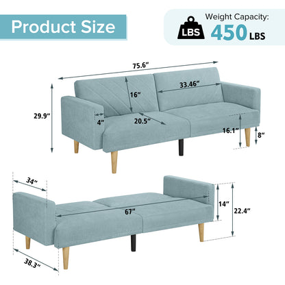 Multi-Functional Futon Sofa Bed :Tapered Wood Legs - Ideal for Small Living Rooms - Multi-Color Fabric Options - Easily Converts to Single Bed ,Blue