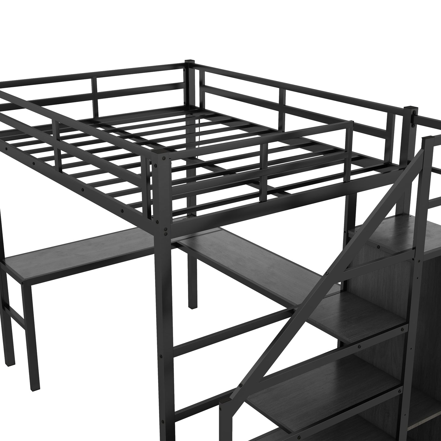 Full Size Loft Bed with L-shaped Desk and USB, Metal Loft Bed with Wardrobe and Adjustable Shelf, High Loft Bed with LED for Kids Teens Adults, Black