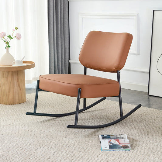 PU material cushioned rocking chair, unique rocking chair, cushioned seat, brown backrest rocking chair, black metal legs. Comfortable side chairs in the living room, bedroom, and office