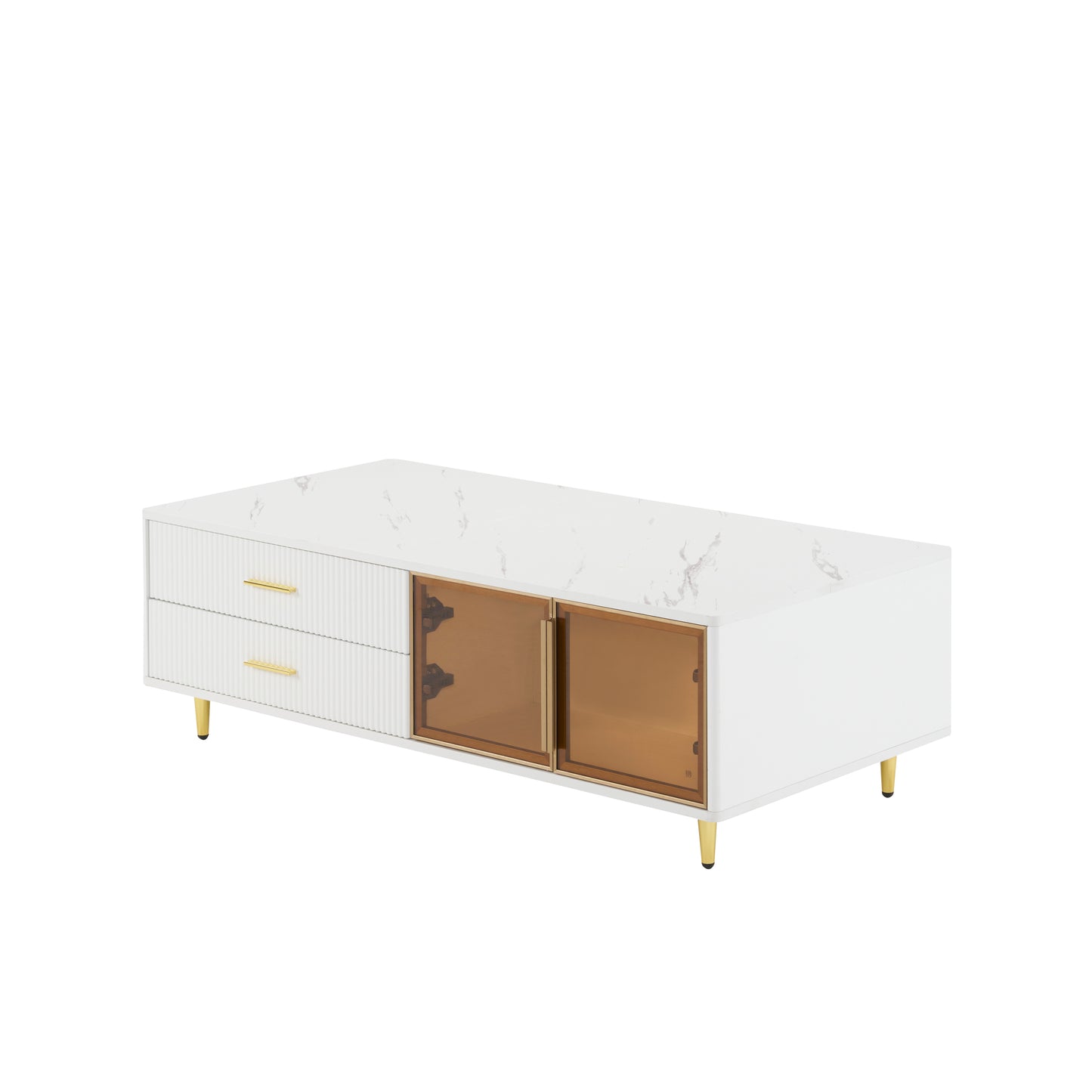 Modern White Coffee Table with 2 Glass Door Storage, 4 Drawers, Gold Metal Legs, and Multi-Color Lighting in 47.2''