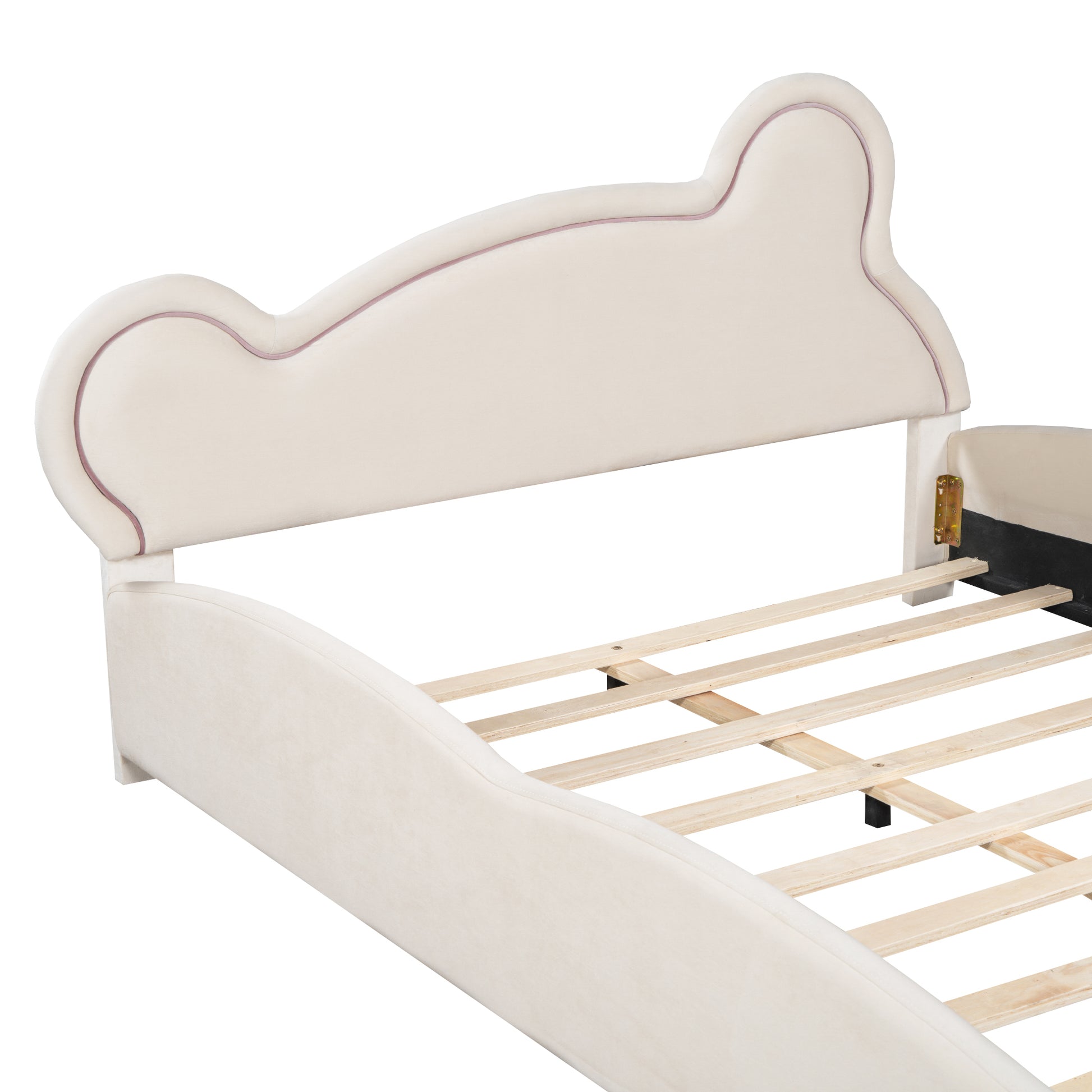 Queen Size Velvet Platform Bed with Bear-Shaped Headboard, with Drawers, with Bed-End Storage Pocket, Beige