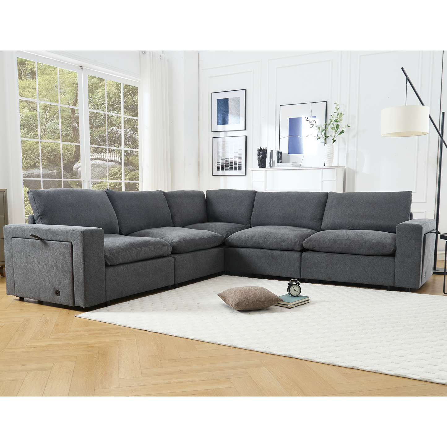 [NEW ARRIVED] [VIDEO PROVIDED]Sectional Couches For Living Room,Modular Couch,Wireless Charging Port & Cup Holders,5-seat ,DIY Combination,L-shaped Sofa,Book Storage Space,Soft Linen Fabric,Gray