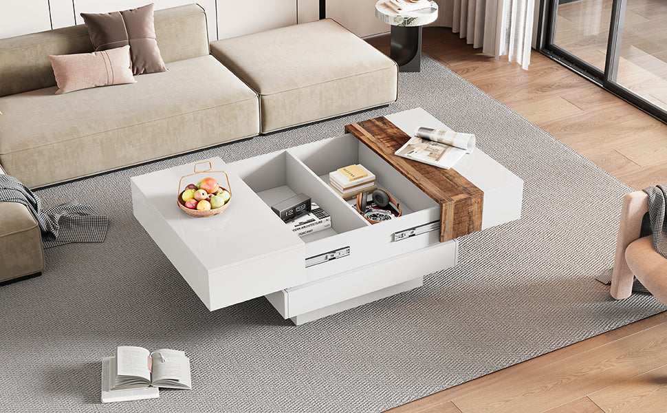 ON-TREND 31.4'' x 31.4'' Square Coffee Table with Sliding Tabletop, High Gloss Center Table with Hidden Storage Compartment, Extendable Cocktail Table with Walnut  Grain Finish for Living Room, White