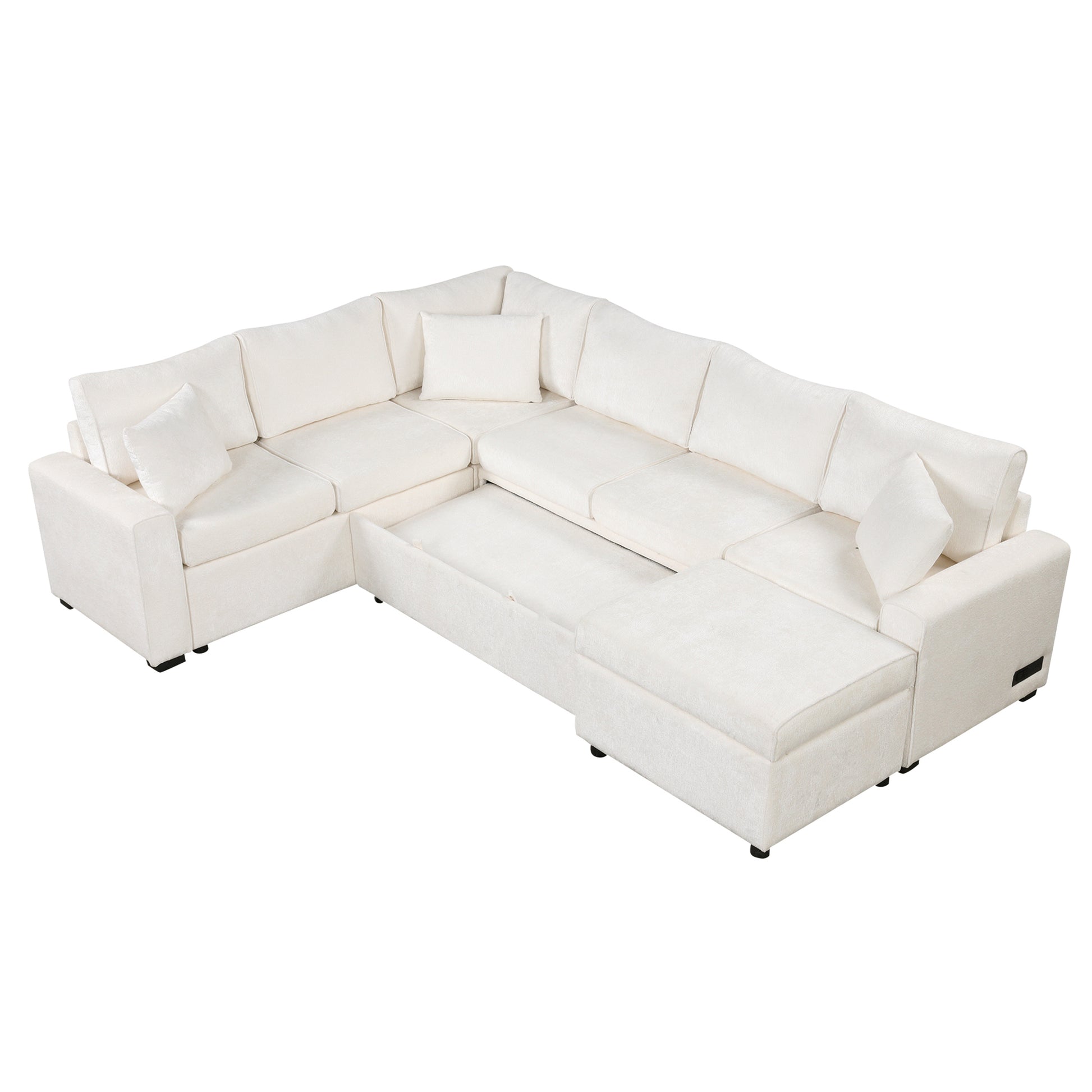 112.2" Sectional Sofa Pull-out Sofa Bed Sleeper with a Storage Ottoman,Three Pillows and Charging Devices for Living Room, Cream