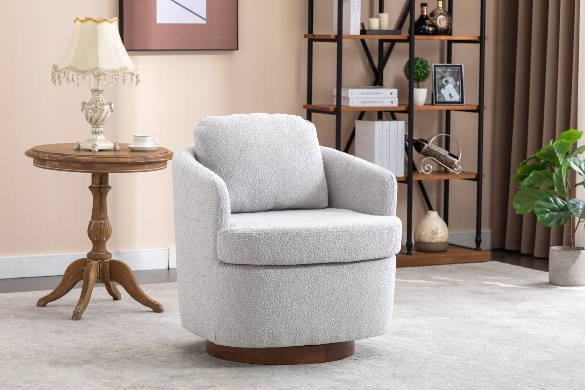 035-Boucle Fabric Swivel Accent Chair With Soild Wood Round Brown Base Leg,Light Gray