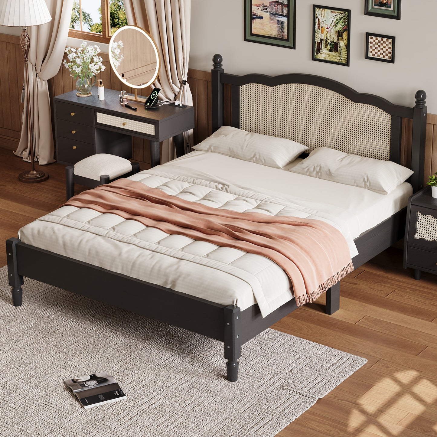 Queen Size Wooden Platform Bed with Natural Rattan Headboard, Vintage Bed Frame with Wooden Slat Support, Black