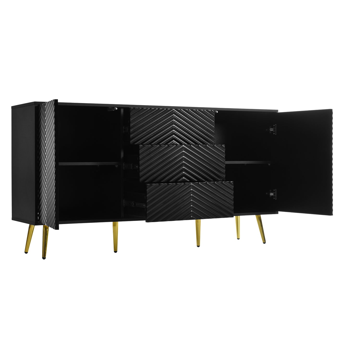 U_STYLE  Modern Sideboard with Geometric Line Design, Conical Metal Legs, and Central Drawers for Stylish Storage, Suitable for Study, Entryway and Living Room