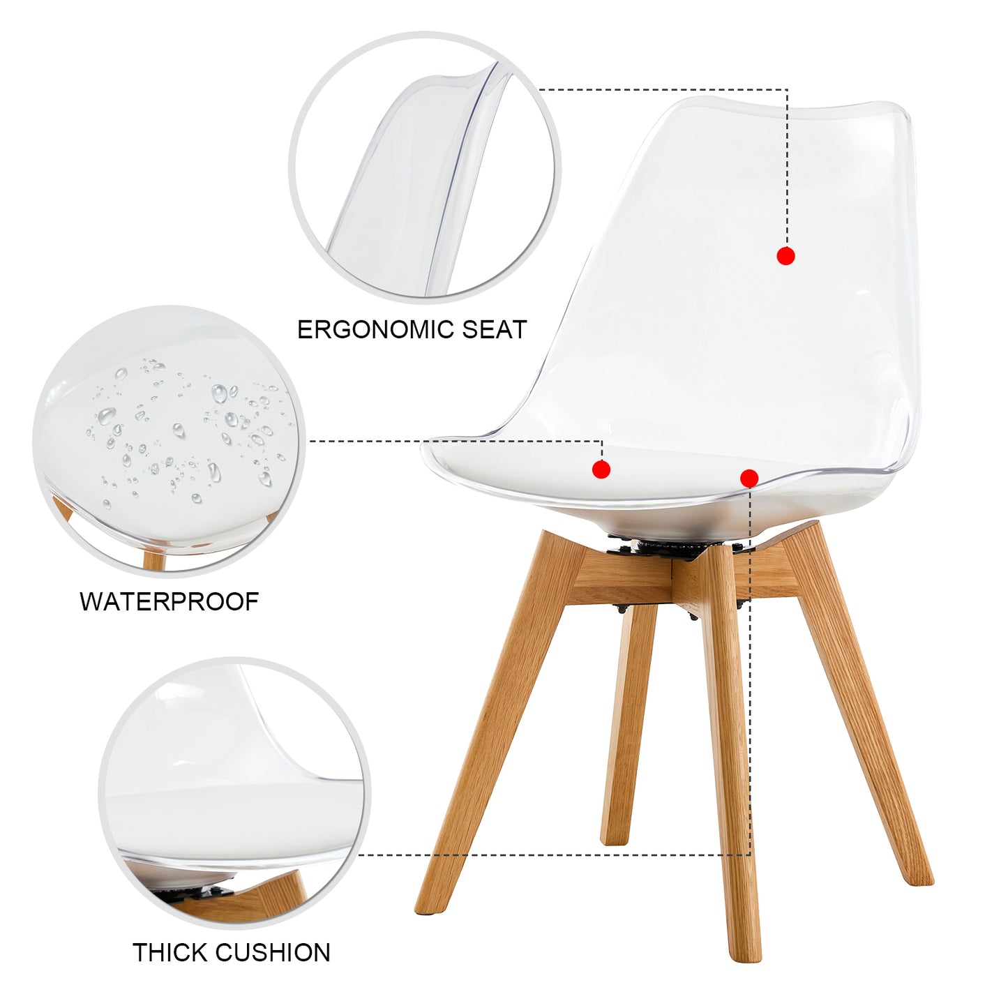 Modern chairs can rotate 360 degrees. The backrest is made of PET material, the seat cushion is made of PU material, and the support legs are made of oak. (Set of 4)