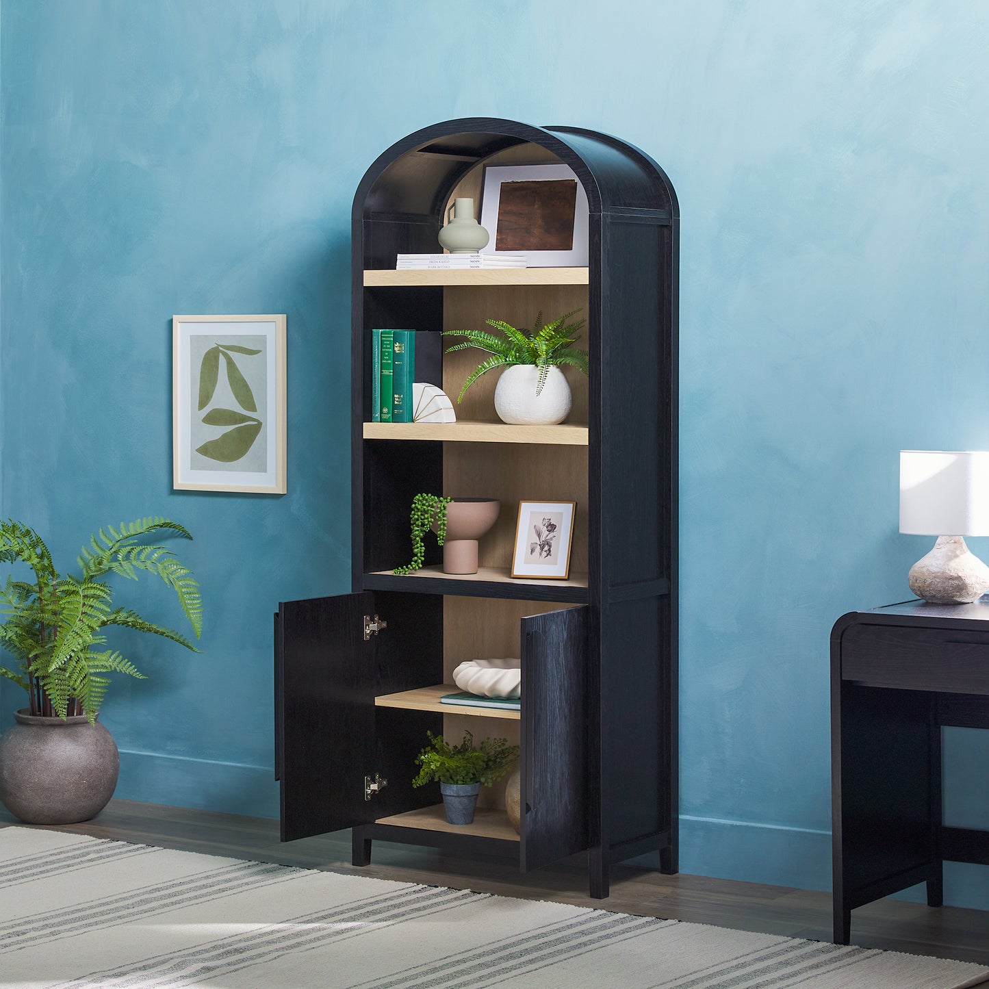 Modern 3 Shelf Open Arched Bookcase Cabinet Oak/Black