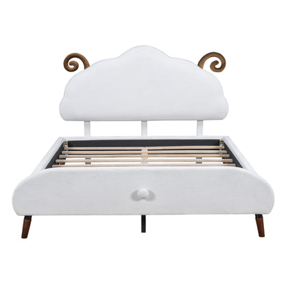 Full Size Upholstered Platform Bed with Sheep-Shaped Headboard, White