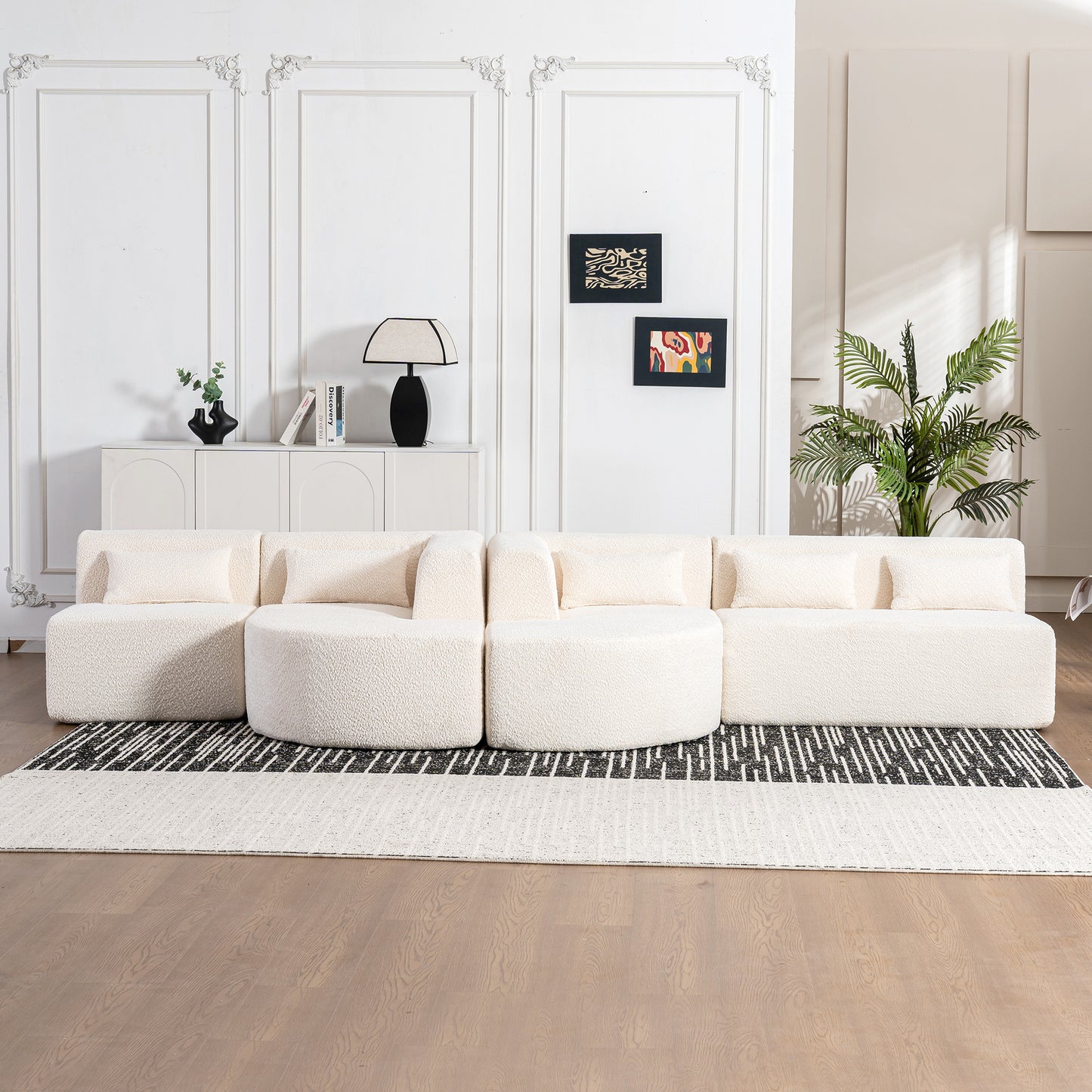 143.7" Upholstered Sofa Free-combined Sofa Couch with Two Chaise Lounge and Five Back Pillows for Living Room, Beige