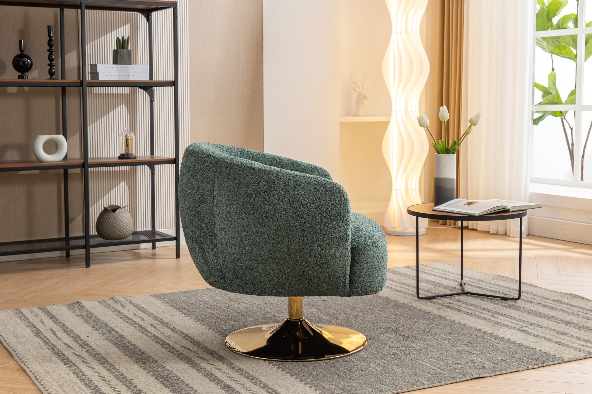 048-Chenille Fabric Accent Swivel Chair With Gold Metal Round Base,Green