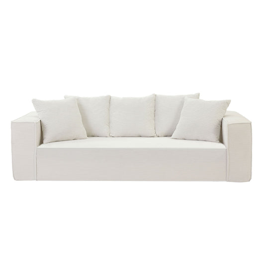 88.97inch Corduroy Sofa with 5 Matching Toss Pillows, Sleek Design, Spacious and Comfortable 3 Seater Couch for Modern Living Room.WHITE - Groovy Boardz