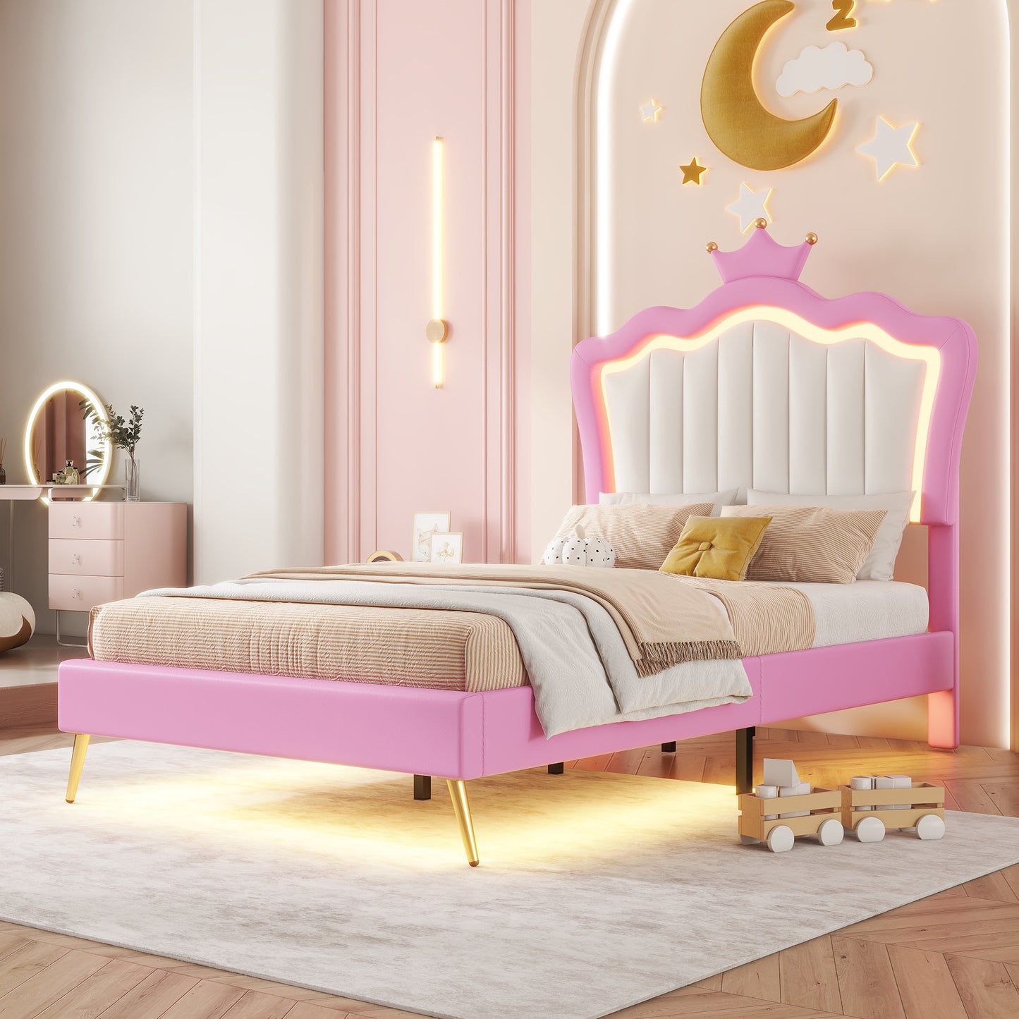 Twin Size Upholstered Bed Frame with LED Lights, Modern Upholstered Princess Bed with Crown Headboard, Pink+White